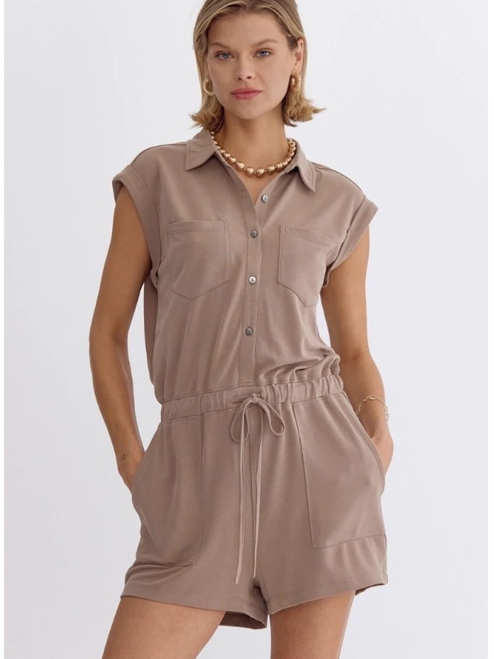 entro Taupe Short Sleeve Button-Front Romper